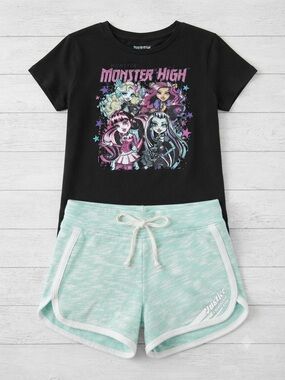 monster high Black Graphic Tee with Mint Green Shorts Pajama Set